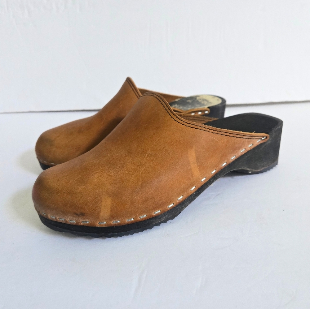 Camel Tan Leather Swedish Clogs Size 36 - Picture 2 of 12
